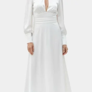 Abundia Robe Longue Satinée à Col Montant et Découpe Délicate